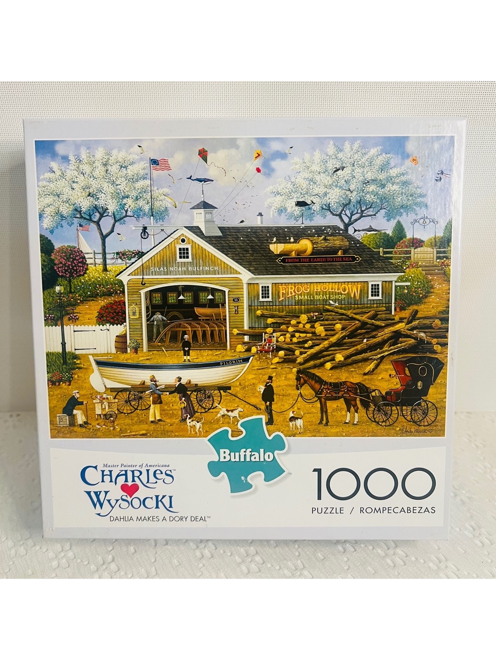 Charles Wysocki Dahlia Makes a Dory Deal jigsaw puzzle 1000 buffalo boat shop